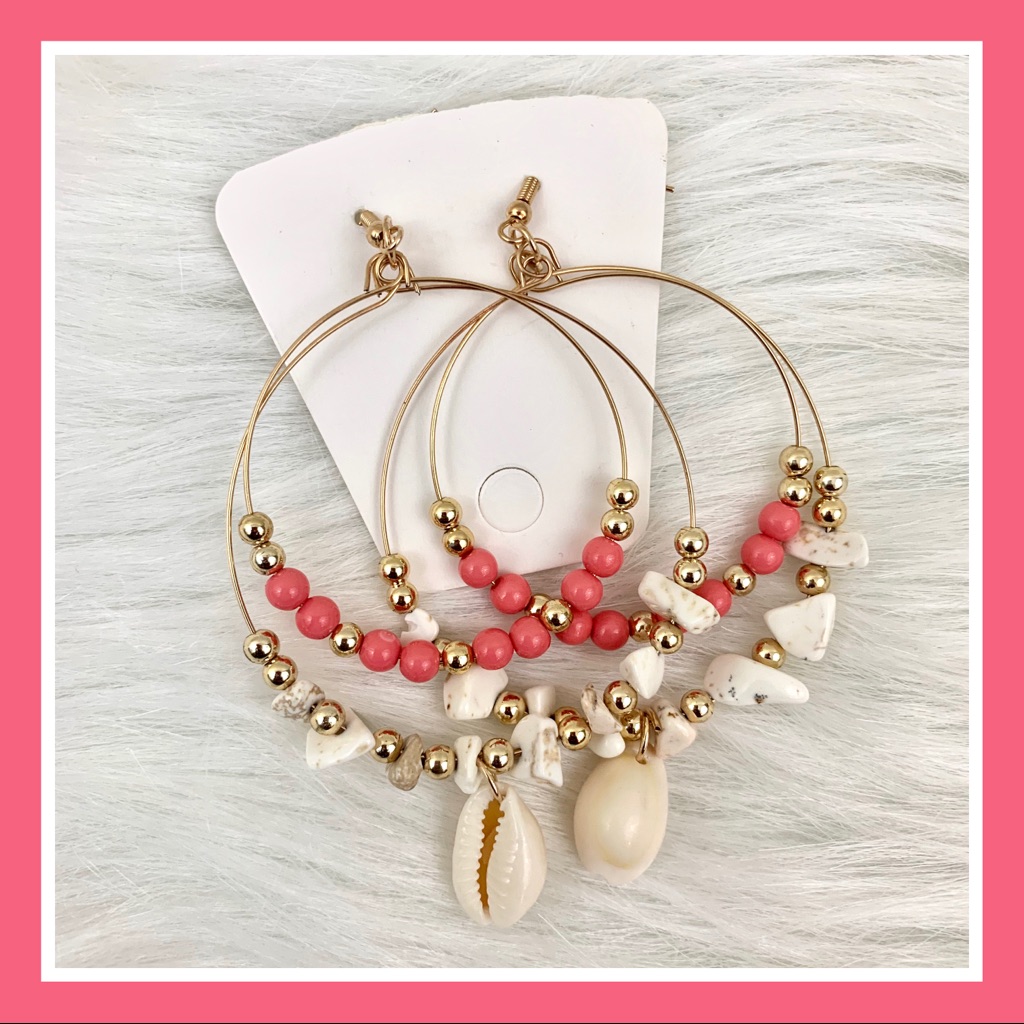 Seashell Dangle Hoop Earrings Gold Pink 15$